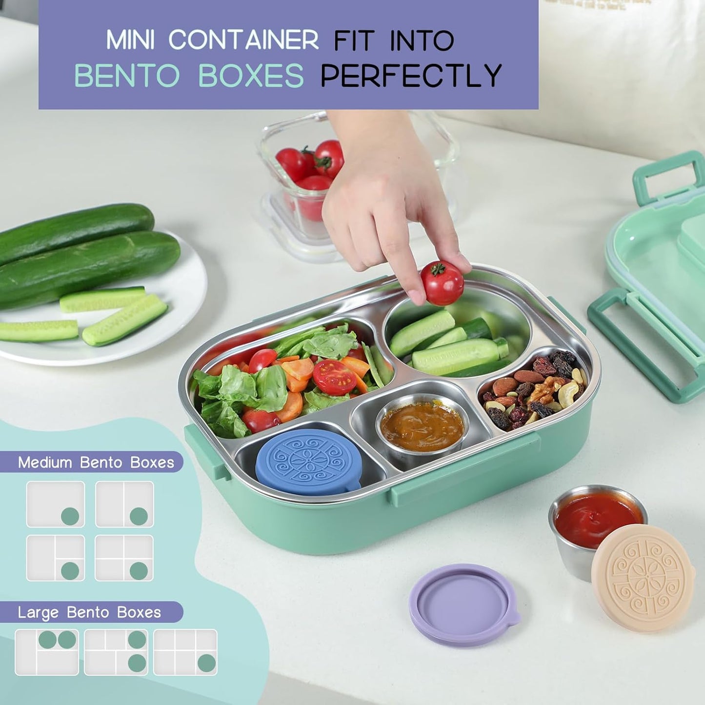 Stainless steel FlavorPods: 6 leak-proof sauce cups for condiments, dressings, and dips on the go.