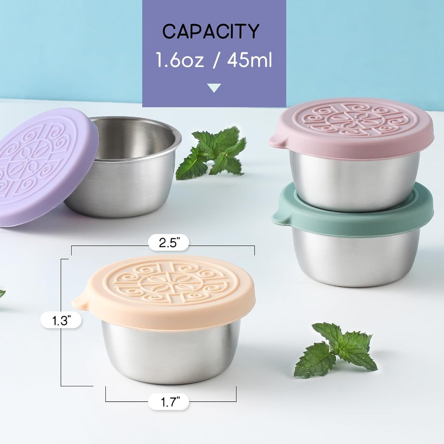 Collection of 6 shiny stainless steel sauce cups with leak-proof lids, essential for meal prep & lunches.