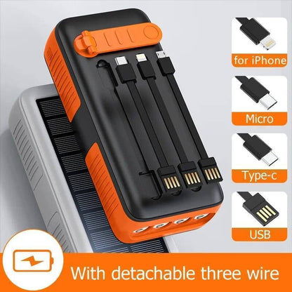Close-up of 61200mAh solar power bank, highlighting solar panel and rugged design
