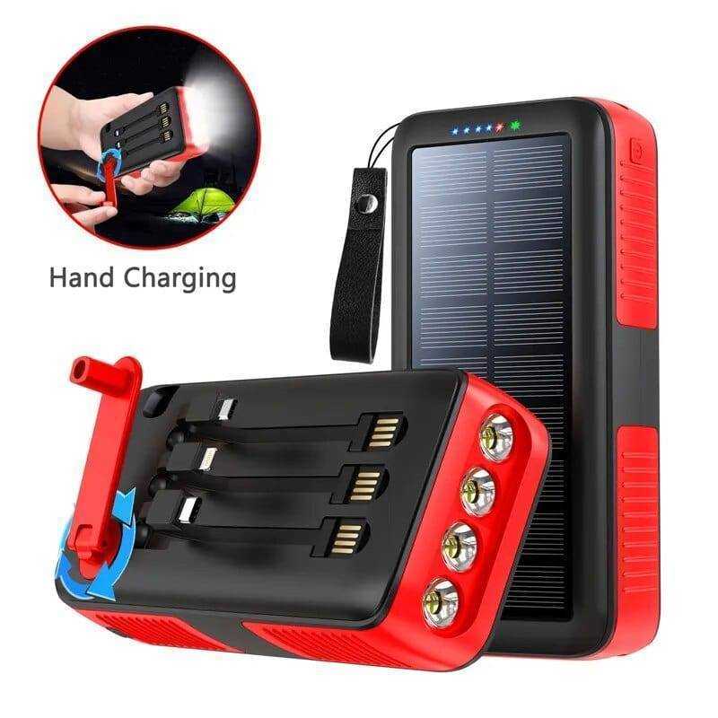 Outdoor scene with 61200mAh solar power bank charging a smartphone, emergency ready