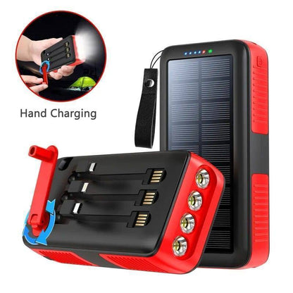 Outdoor scene with 61200mAh solar power bank charging a smartphone, emergency ready
