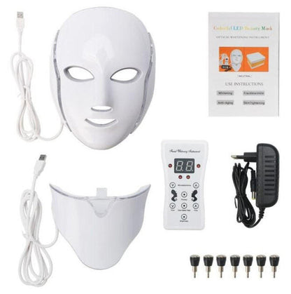 Ergonomic 7-color LED light therapy device for face and neck. A beauty mask for skin rejuvenation and anti-aging.