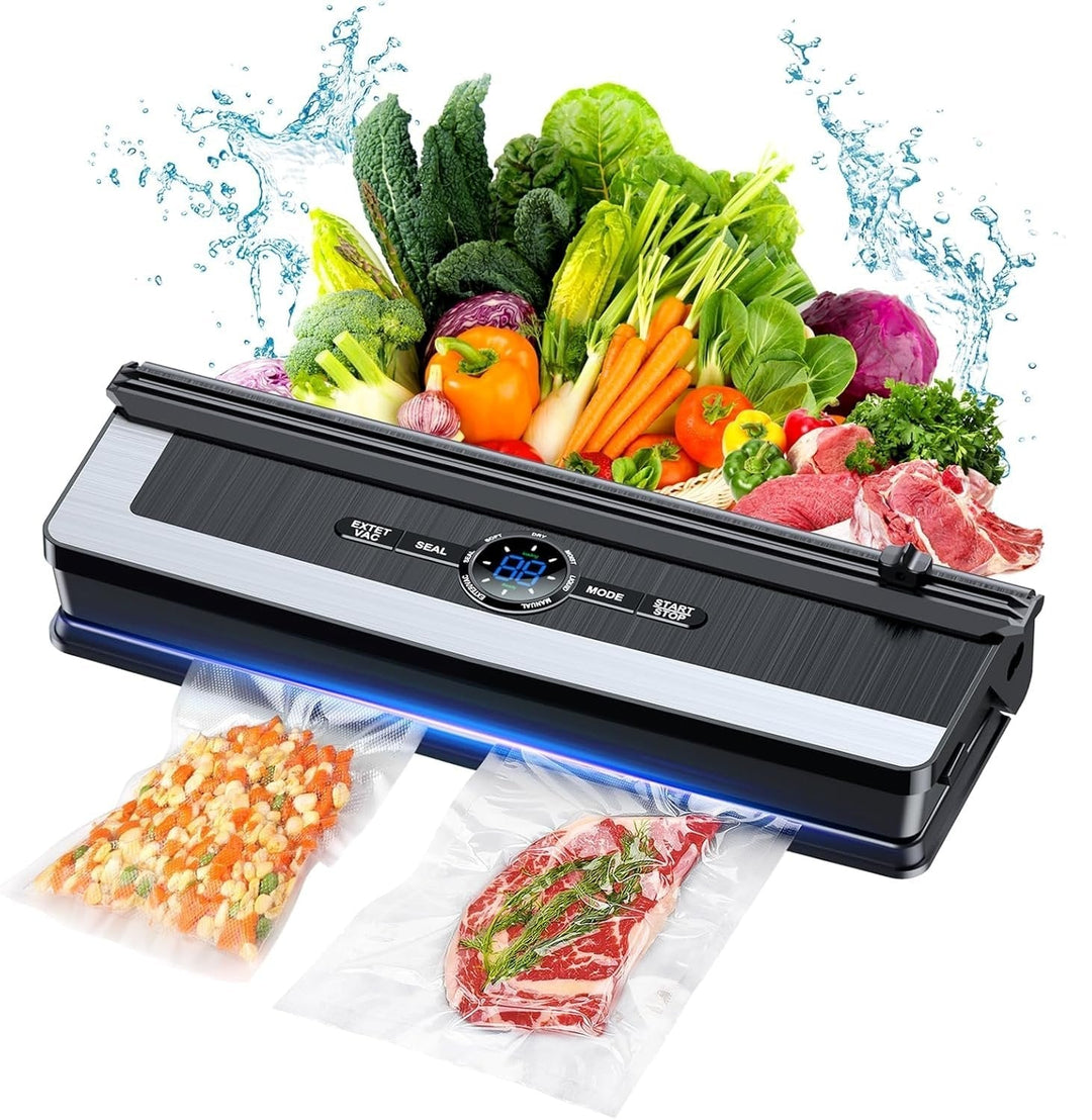 8-in-1 automatic food vacuum sealer with sleek design & built-in cutter for efficient kitchen food storage.