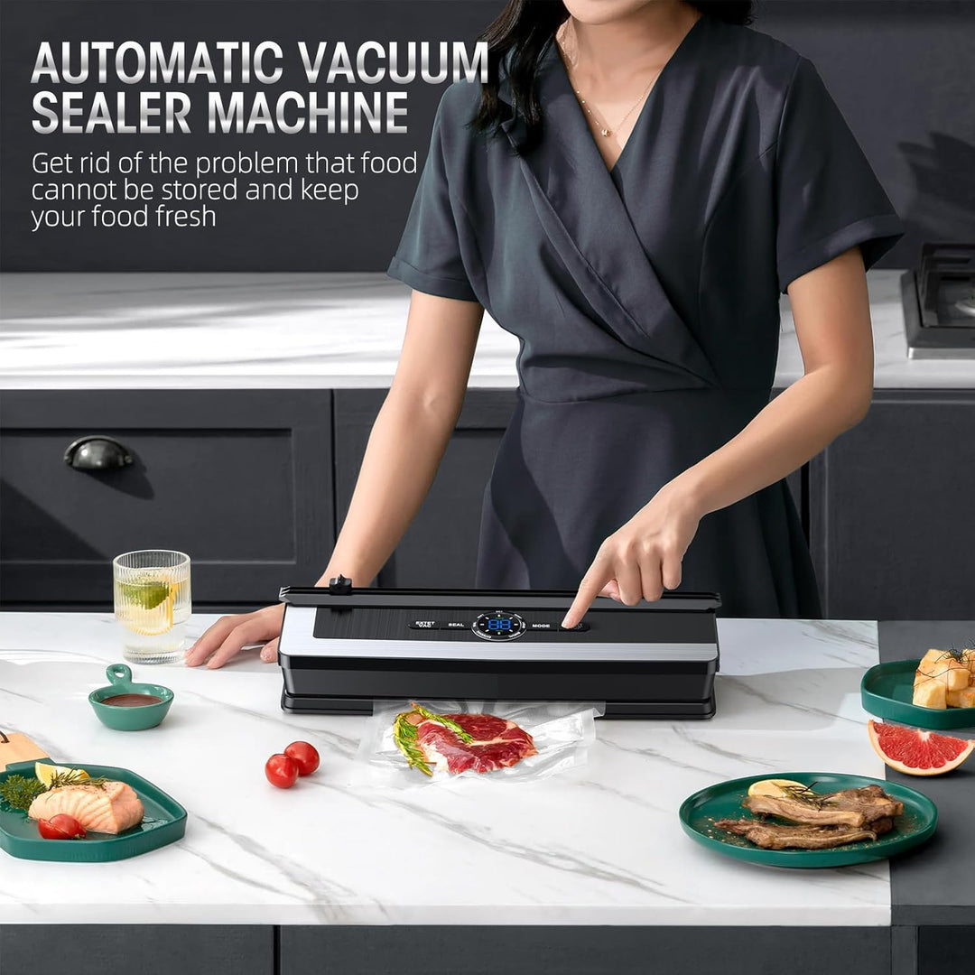 Compact 8-in-1 vacuum sealer operating with its integrated bag cutter, ensuring perfect food storage bags.