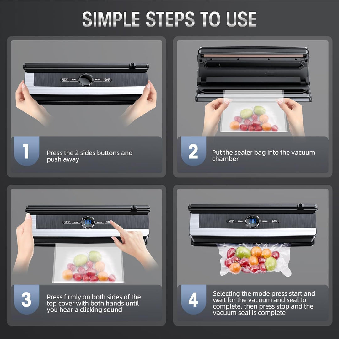 Close-up of an automatic food vacuum sealer's control panel, showing easy-to-use buttons for food freshness.