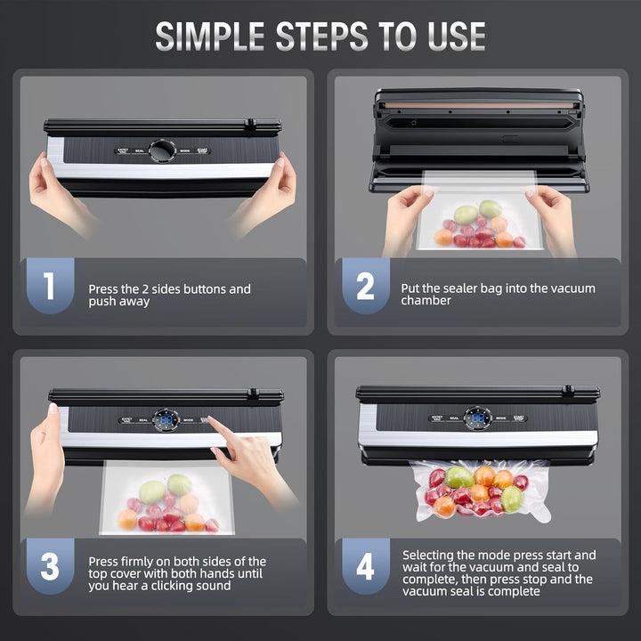 Close-up of an automatic food vacuum sealer's control panel, showing easy-to-use buttons for food freshness.