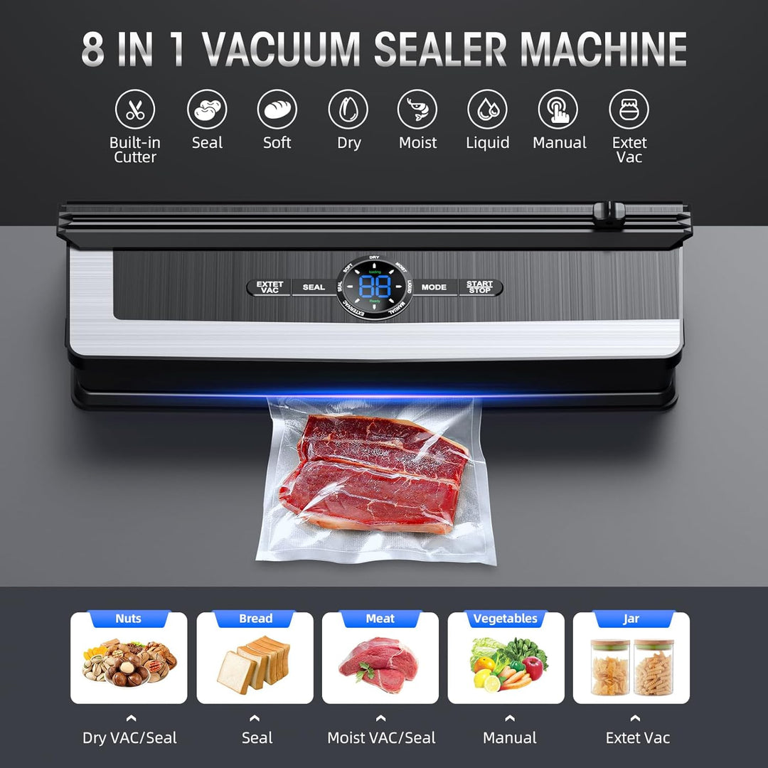 Versatile 8-in-1 kitchen appliance: an automatic food vacuum sealer with built-in cutter for diverse meal prep.