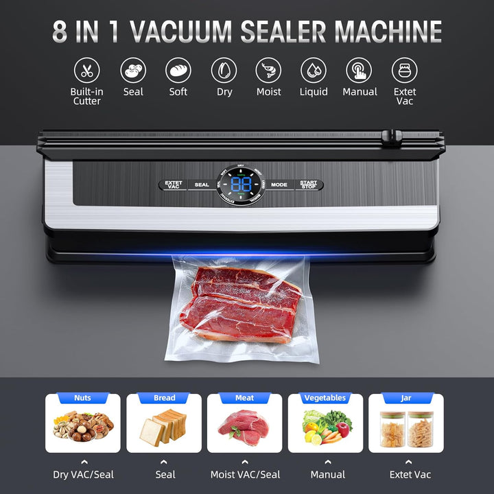 Versatile 8-in-1 kitchen appliance: an automatic food vacuum sealer with built-in cutter for diverse meal prep.
