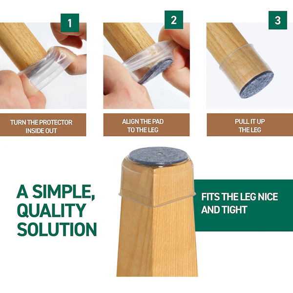Flexible silicone chair leg caps provide superior floor protection & noise dampening for furniture.