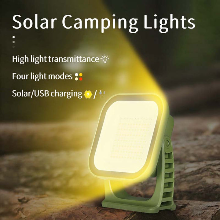 Handheld 80W LED solar lamp for camping, with convenient magnet and zoom capability.