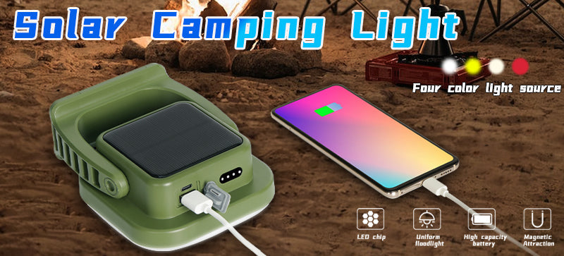 Portable 80W LED solar lamp for outdoor use, with magnet & adjustable zoom beam.