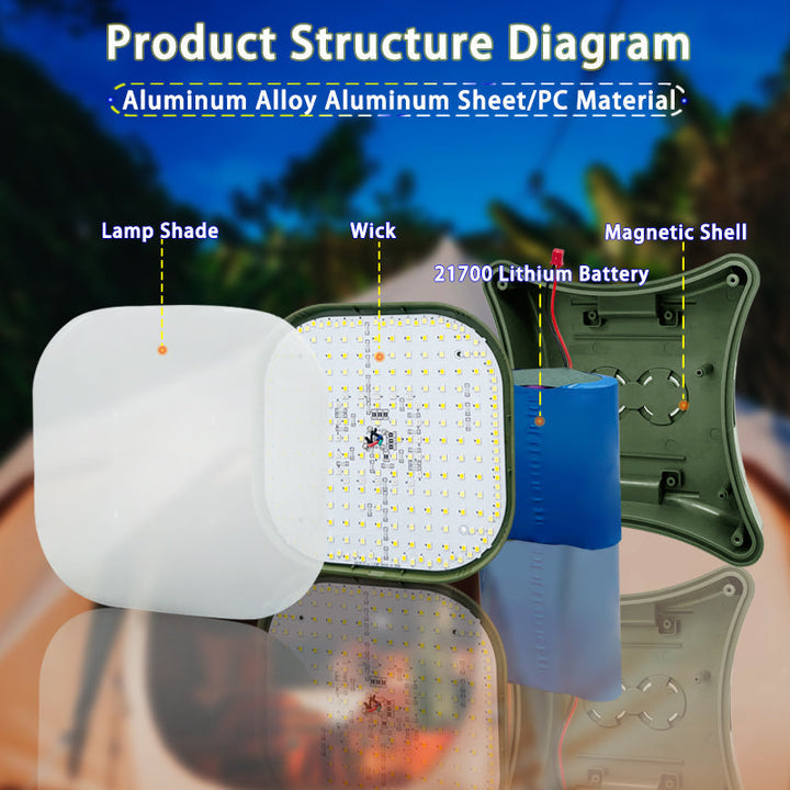 Portable 80W LED solar lantern for camping, with magnetic base & adjustable zoom light.