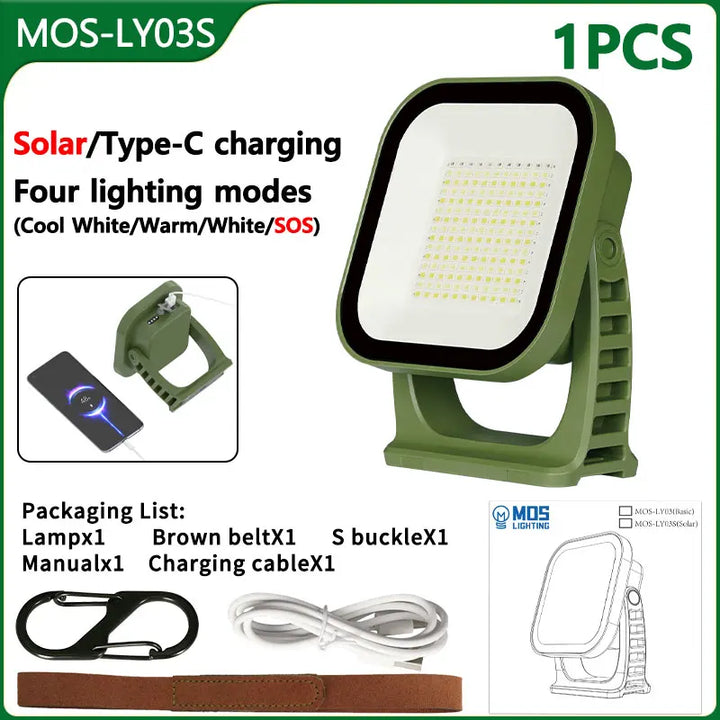 80W LED solar portable lamp with magnet, zoom, ideal for power outages & camping.