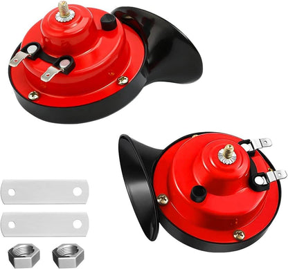 Components of the 300DB super loud vehicle train horn kit, ready for 12V installation.