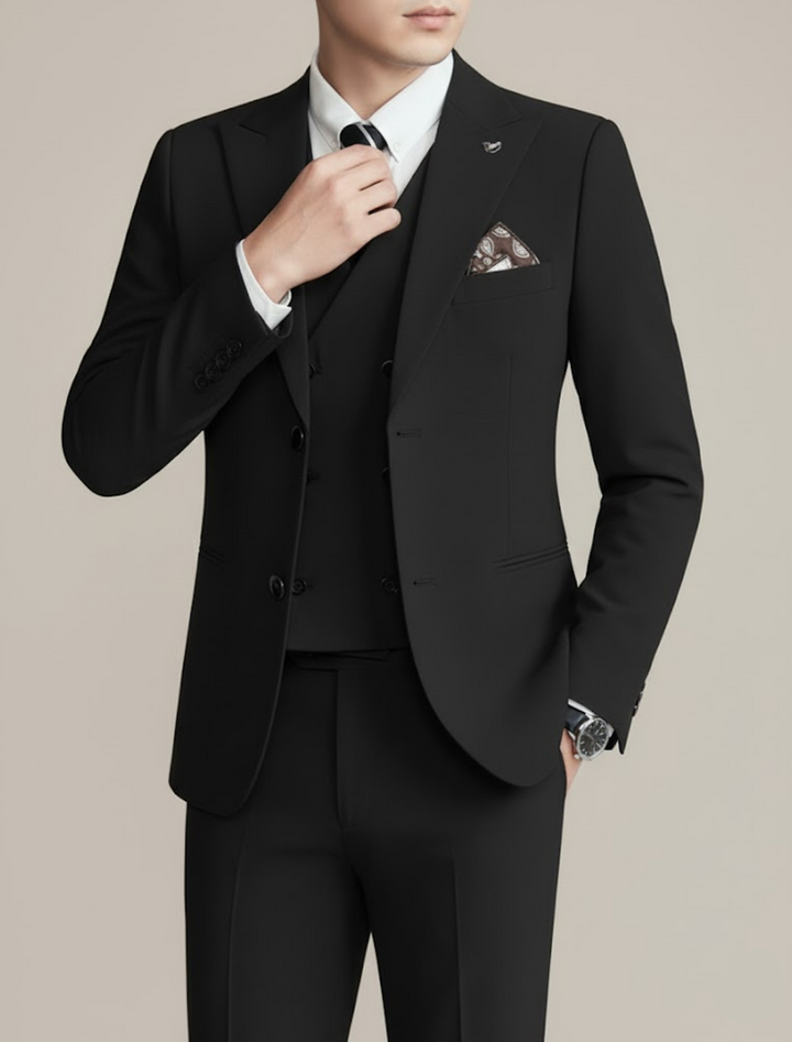 A sleek men's slim-fit three-piece formal suit, perfect for weddings, business events & galas.