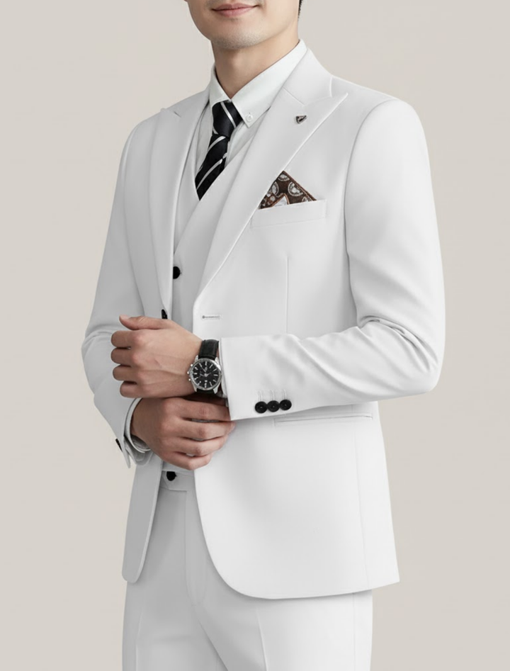 Tailored men's three-piece suit for formal events, business meetings, or wedding guest attire.