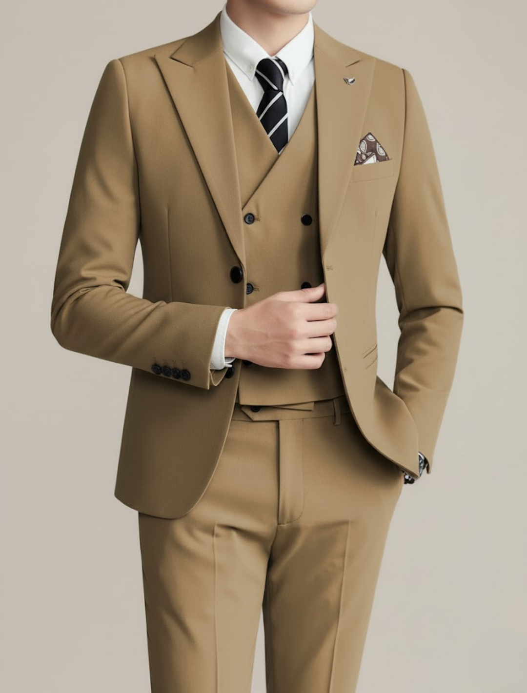 Elegant men's three-piece wedding suit, slim-fit design for a sharp, modern formal look.