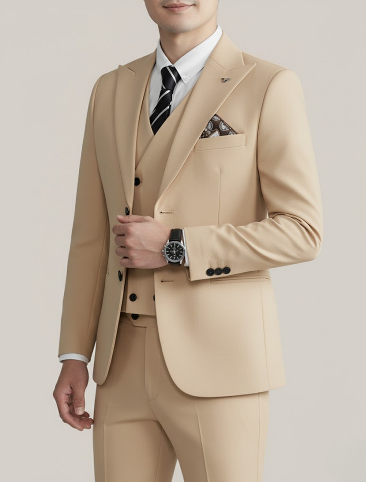 Professional men's tailored three-piece business suit, ideal for formal wear and special events.
