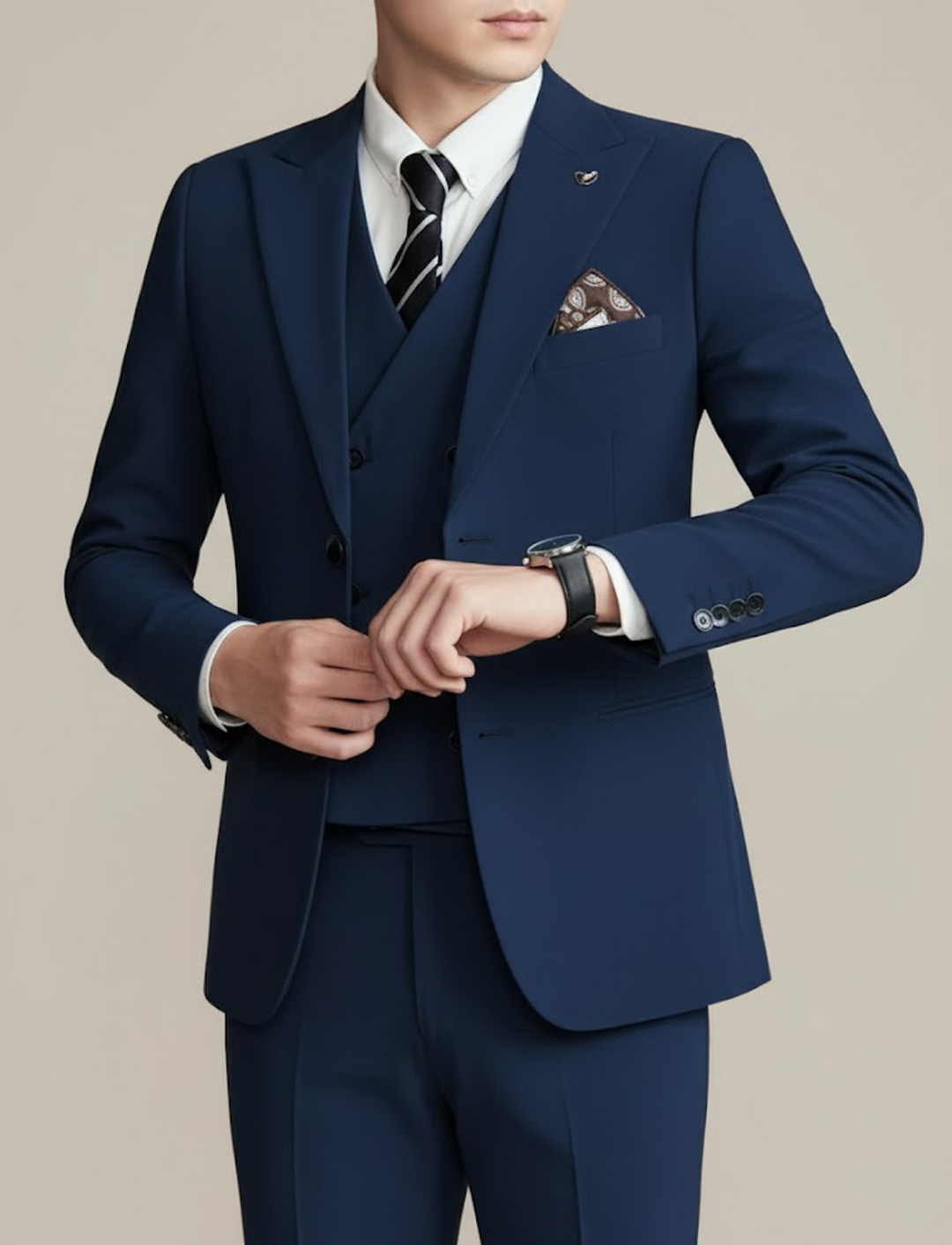 Modern men's slim-fit formal suit, a stylish three-piece outfit for any sophisticated event.