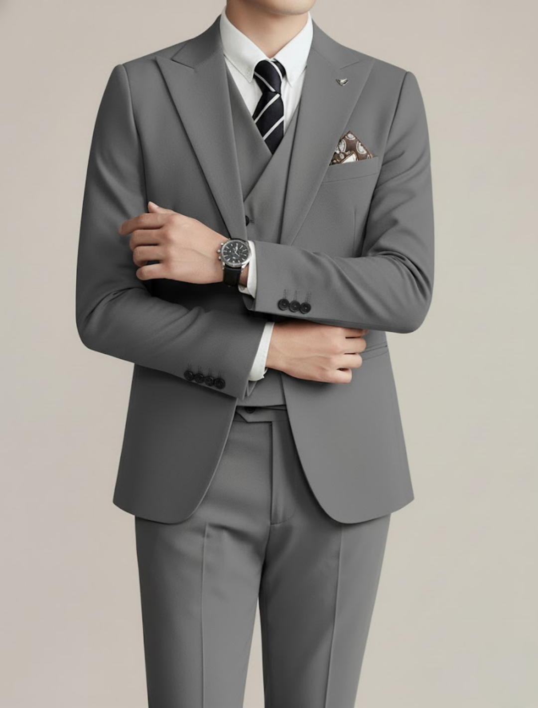 Sophisticated men's three-piece formal suit, tailored for events, business, or wedding celebrations.