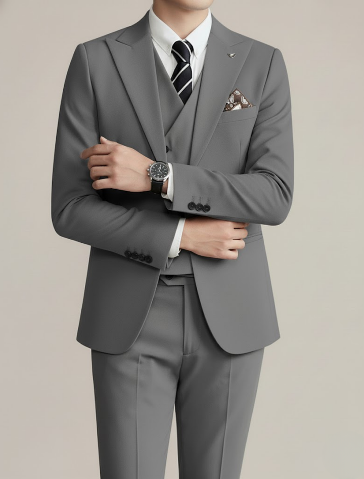 Sophisticated men's three-piece formal suit, tailored for events, business, or wedding celebrations.