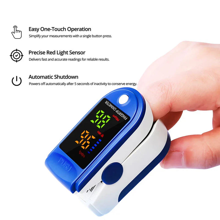 Portable digital fingertip pulse oximeter, ideal for adults to monitor blood oxygen levels and pulse accurately.