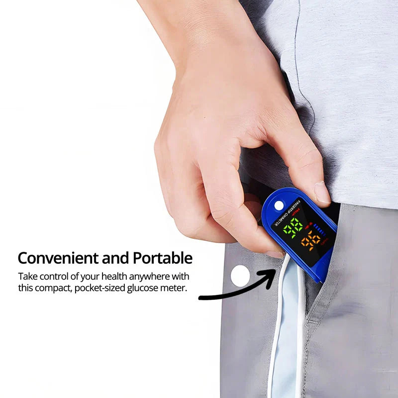 Digital fingertip pulse oximeter for adults, accurately measuring blood oxygen SpO2 levels for wellness monitoring.