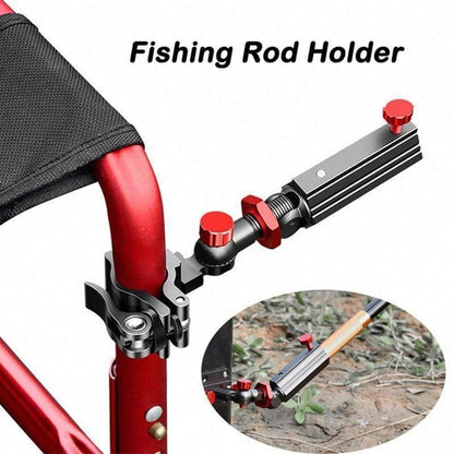 Chair-mounted fishing rod holder, black aluminum alloy, ideal for hands-free fishing.