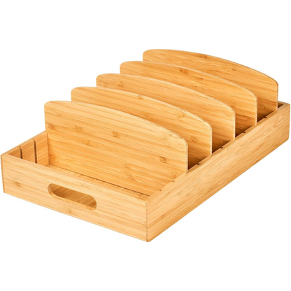 Adjustable bamboo kitchen lid organizer for cabinet & drawer storage. Space-saving & keeps lids tidy.