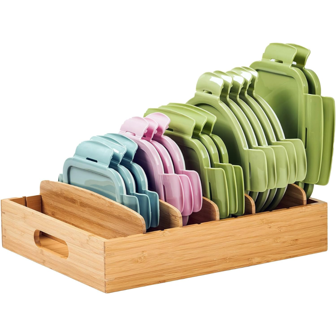 Premium bamboo kitchen lid organizer, adjustable for cabinet & drawer storage. Master kitchen decluttering.