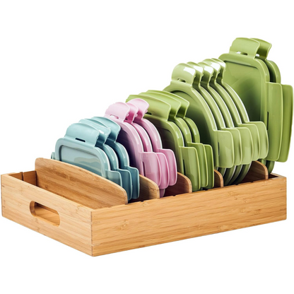Premium bamboo kitchen lid organizer, adjustable for cabinet & drawer storage. Master kitchen decluttering.