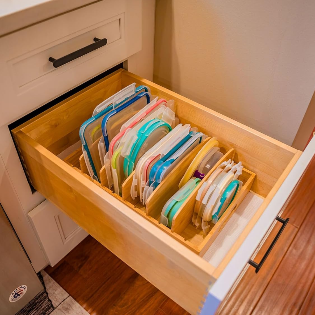 Eco-friendly bamboo adjustable lid organizer. Perfect for decluttering kitchen cabinets and drawers.
