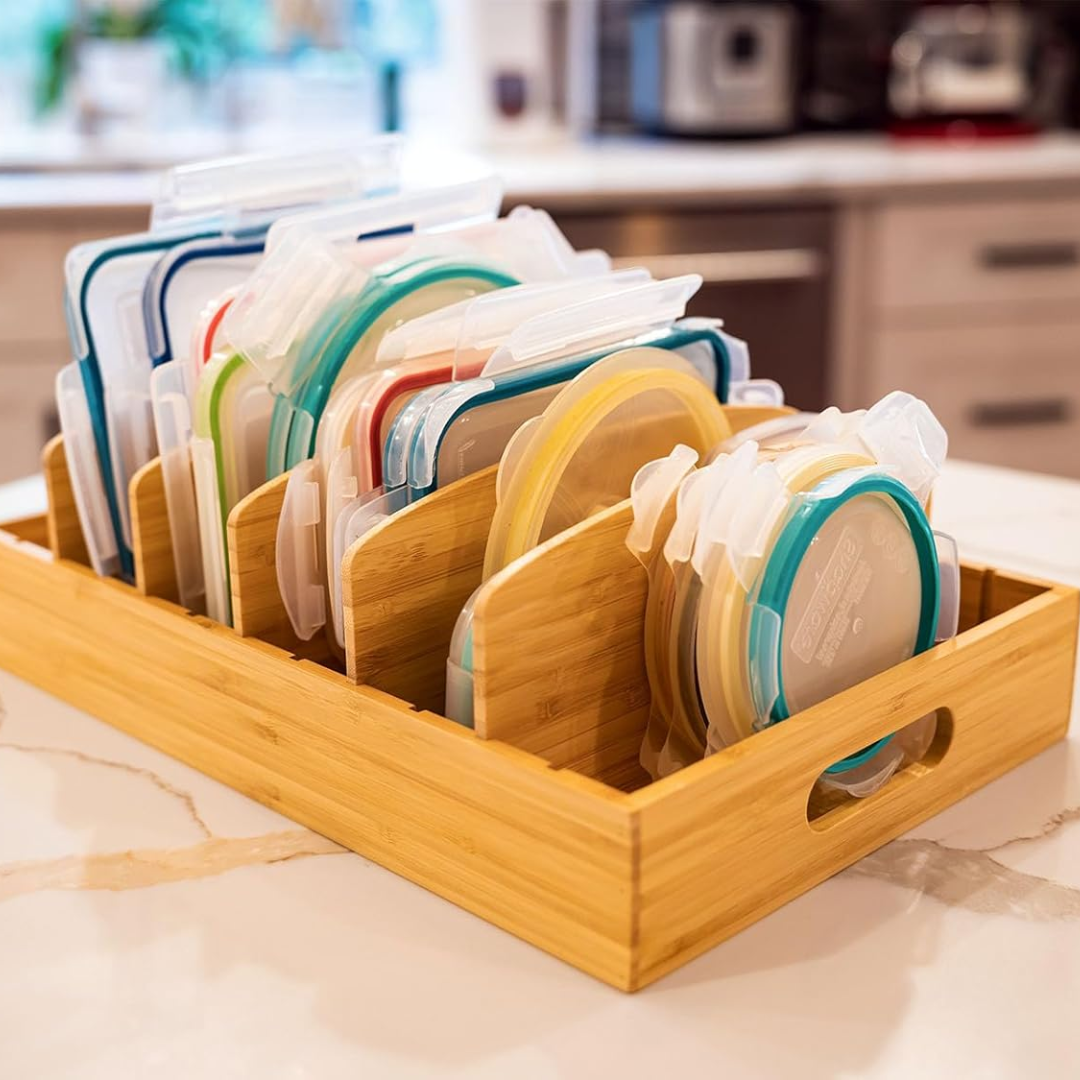 Space-saving bamboo kitchen organizer for pot lids. Adjustable design keeps cabinets tidy & accessible.