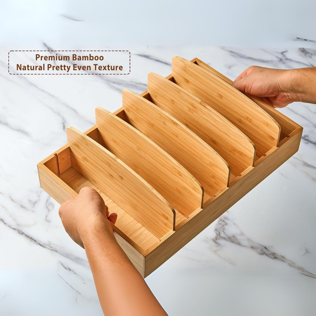 Declutter your kitchen with this adjustable bamboo lid holder. Ideal for efficient cookware storage.