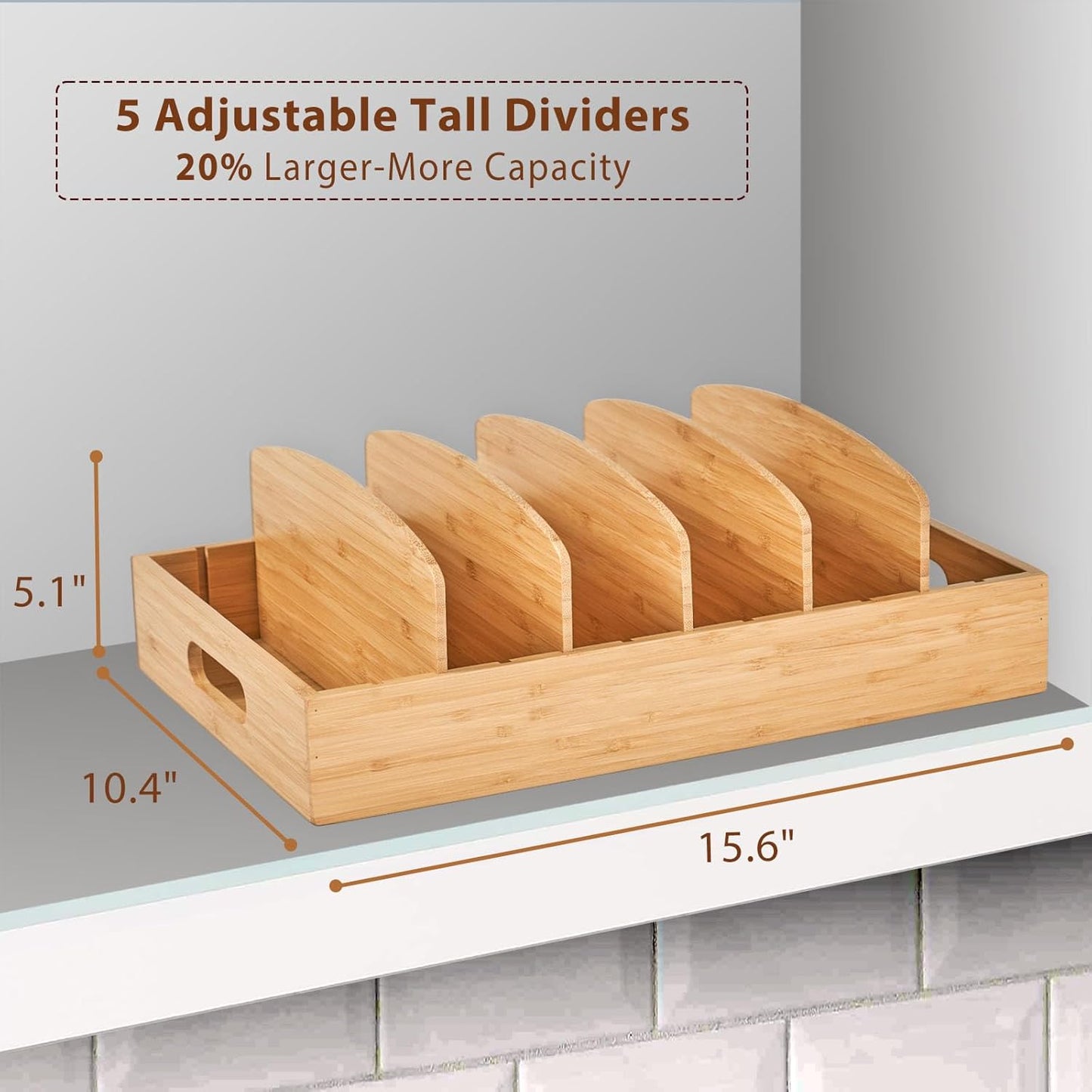 Versatile bamboo drawer organizer for kitchen lids. Adjustable design for tidy, efficient storage.