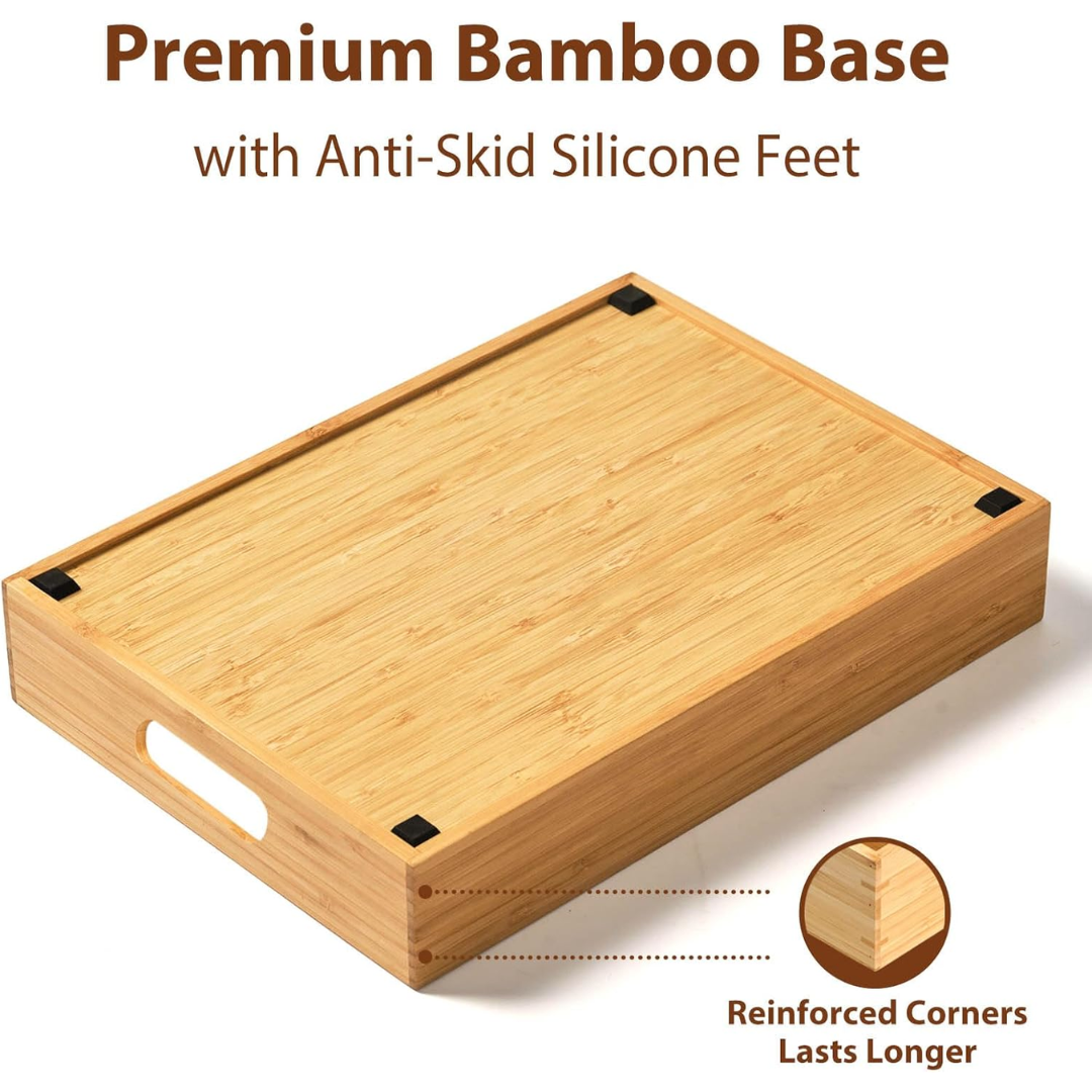 Adjustable bamboo lid rack for kitchen cabinets. Organizes pot lids & saves valuable kitchen space.