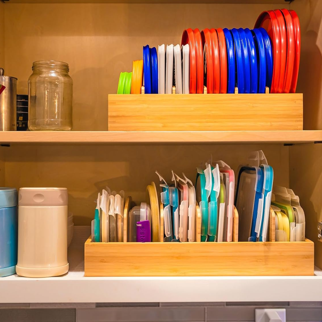 Keep pot and pan lids neatly stored with this adjustable bamboo kitchen organizer. Essential storage.