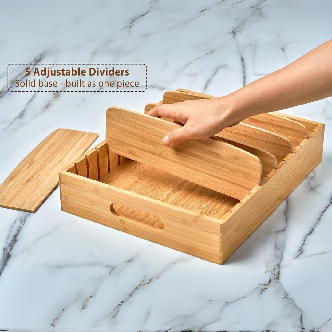 Sustainable bamboo kitchen organizer, adjustable for optimal lid storage in drawers or cabinets.