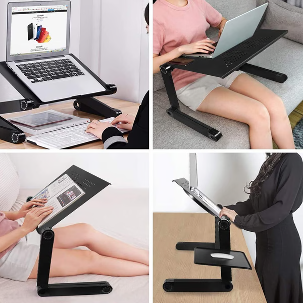 360° adjustable ergonomic laptop stand with cooling design and detachable mouse plate for versatile desk use.