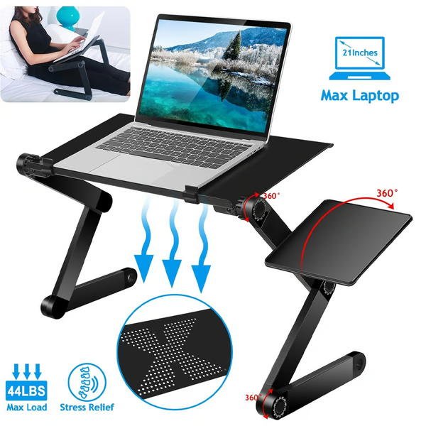 Cooling, adjustable laptop desk stand with an ergonomic design and integrated mouse pad for improved airflow.