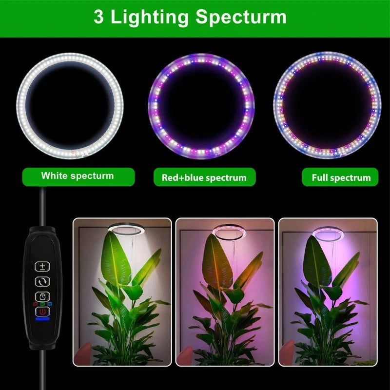 Advanced full spectrum LED grow light for indoor plants, dimmable, timer, supports optimal plant care & growth.