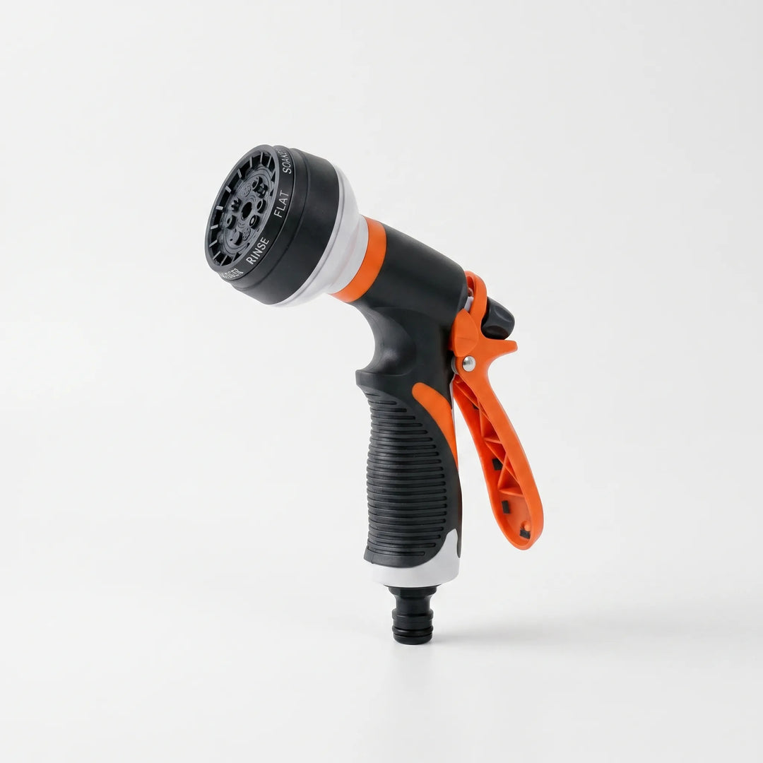 Multi-pattern adjustable hose nozzle for precise garden watering, plant irrigation, and delicate lawn care.