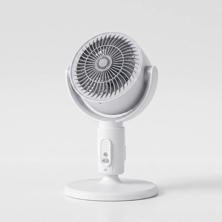 Portable adjustable fan, easily converts from floor to desk fan for flexible home or office use.