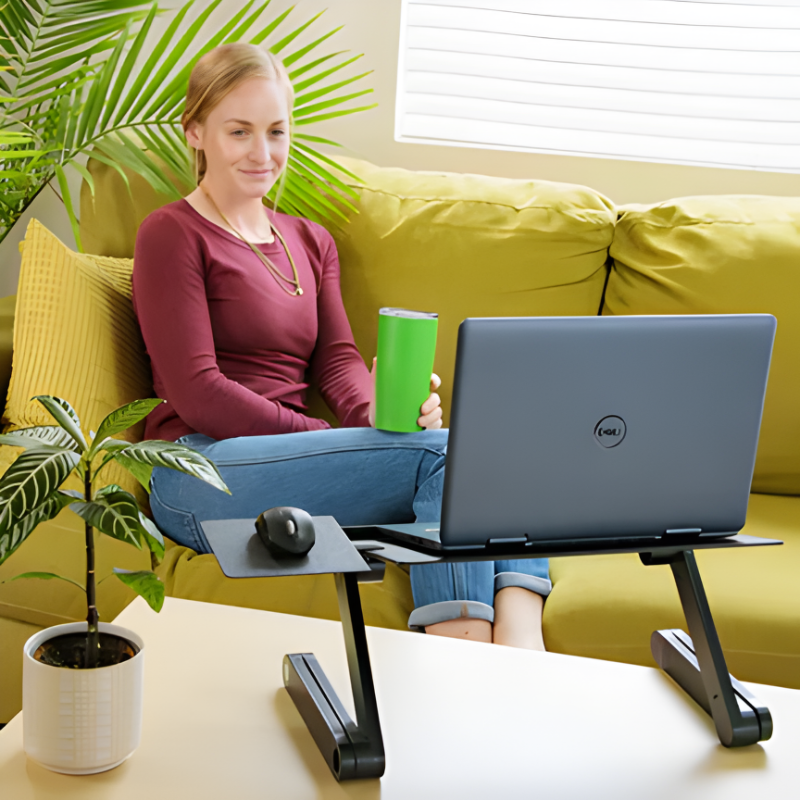 Portable laptop stand, perfect as a bed desk or couch table for comfortable work from home or study.