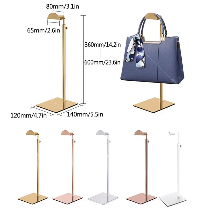 Luxury adjustable stainless steel handbag display stand, ideal for showcasing purses in retail or home.