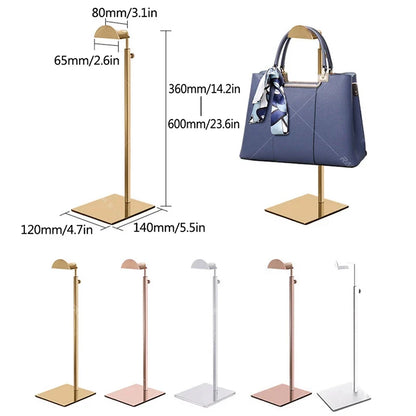Luxury adjustable stainless steel handbag display stand, ideal for showcasing purses in retail or home.