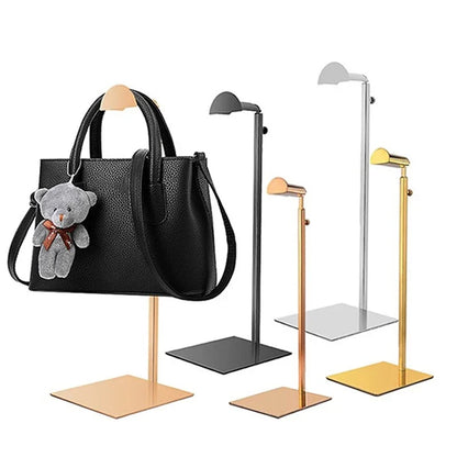 Sleek metal adjustable handbag display stand for luxury purses & accessories, ideal for retail or home.
