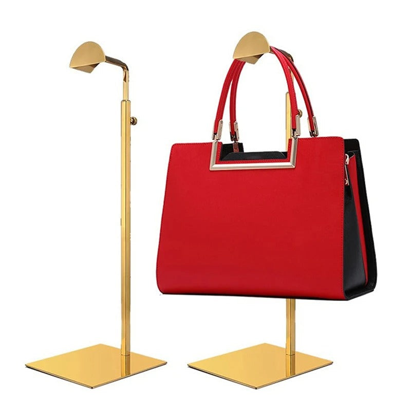 Premium adjustable metal handbag stand, perfect for organizing and displaying purses, stainless steel finish.