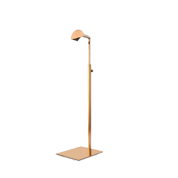 Elegant adjustable metal display stand for handbags & purses, enhancing retail visuals & home decor.