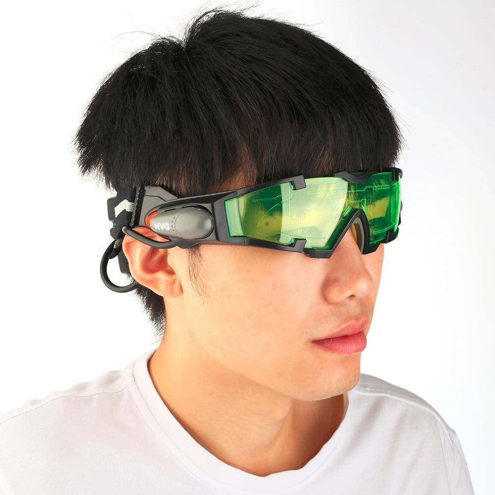 Adjustable night vision goggles with green lens & flip-out lights for tactical outdoor adventure